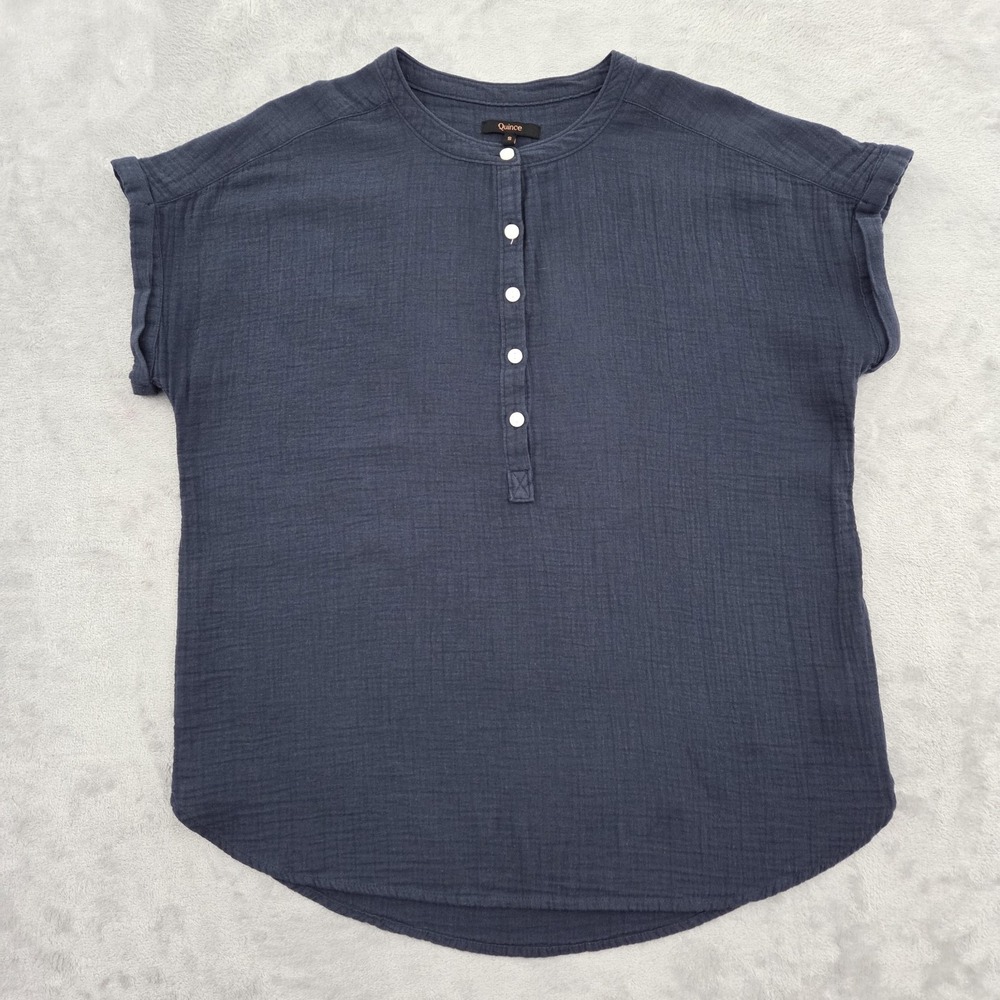 Quince Organic Cotton Double Gauze Henley Top Sz S Navy Blue Relaxed Minimalist